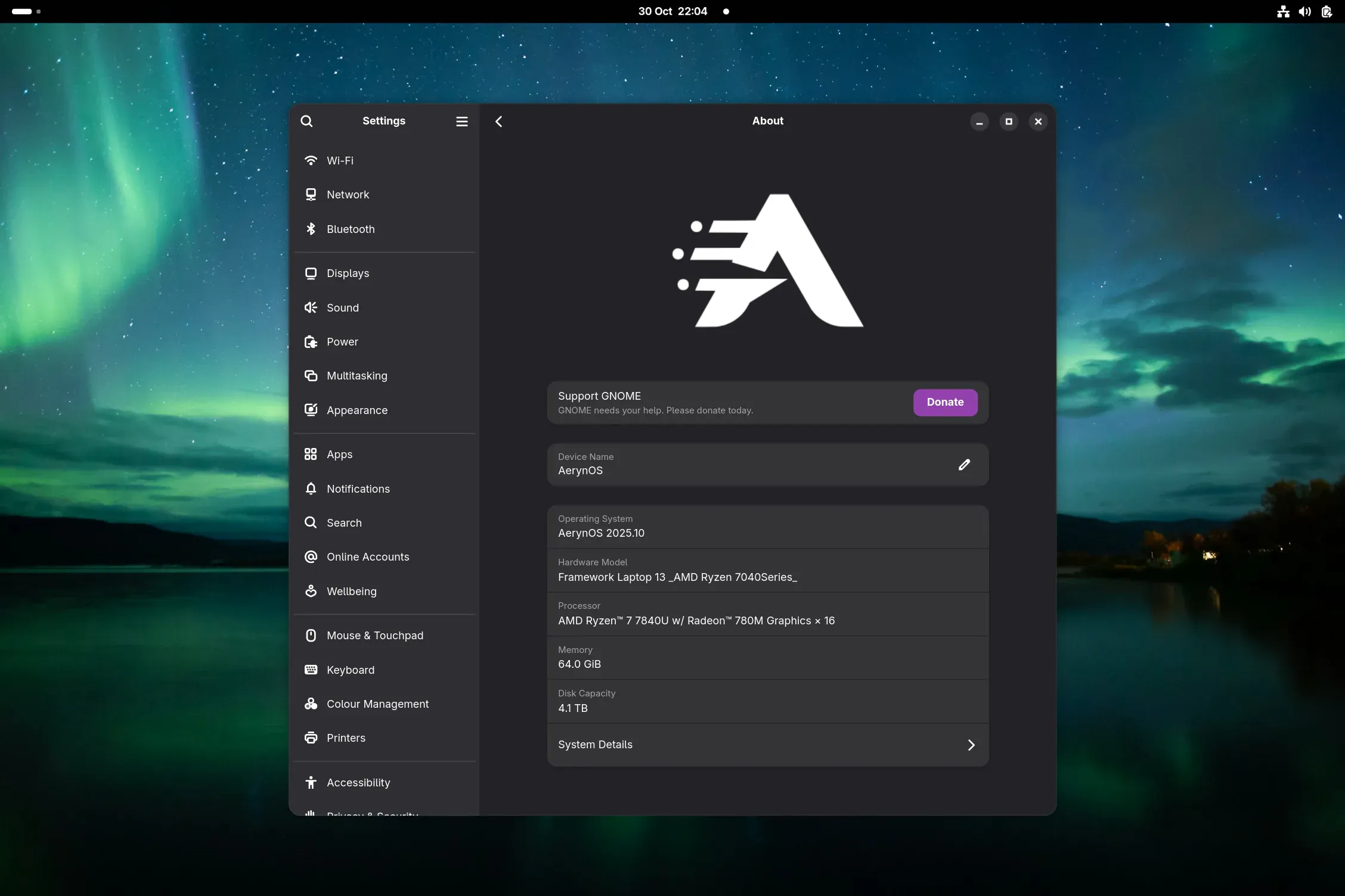 AerynOS GNOME installation showing the latest 2025.10 about page