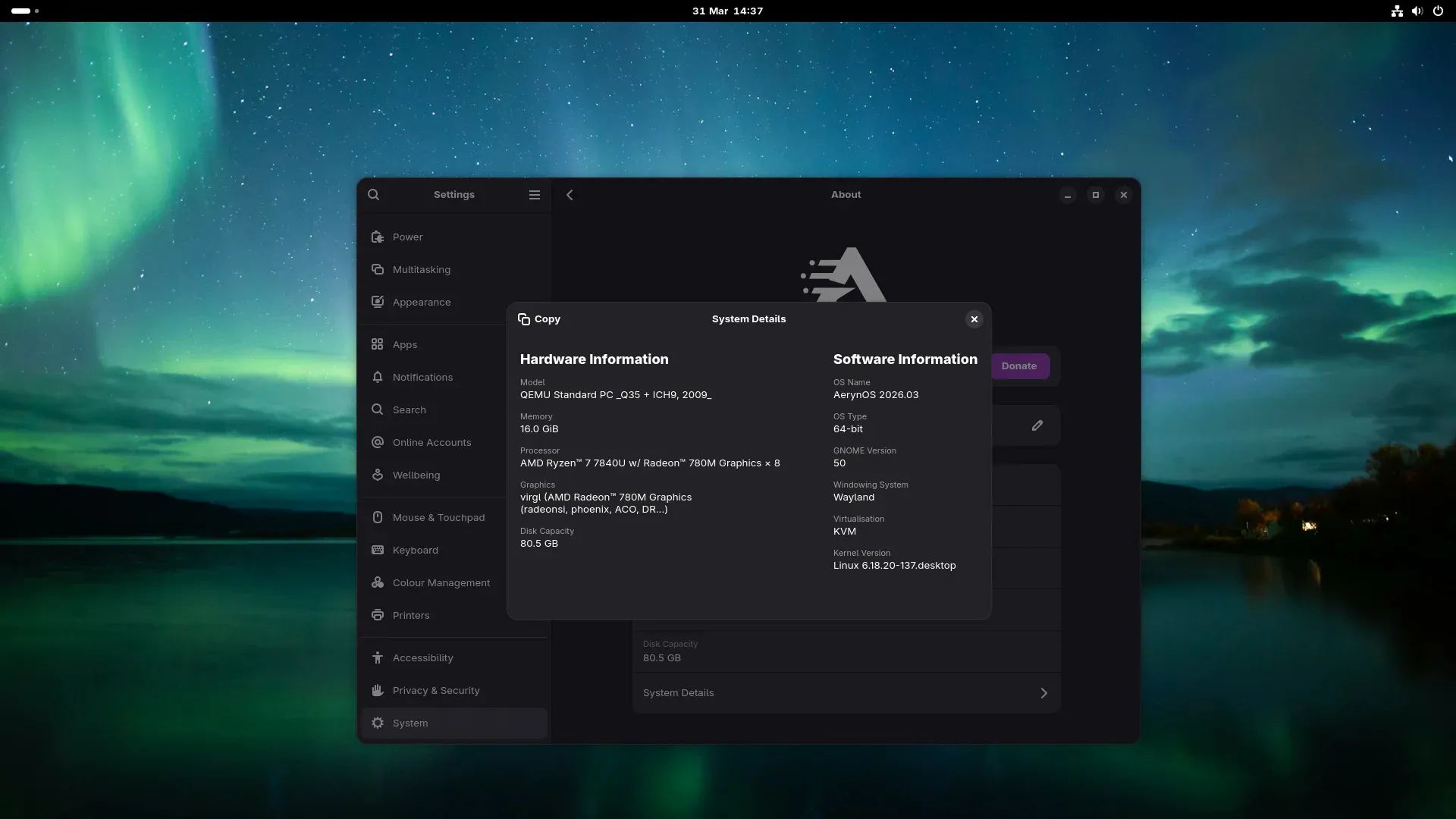 A screenshot of the GNOME desktop environment on the latest AerynOS 2026.03 release