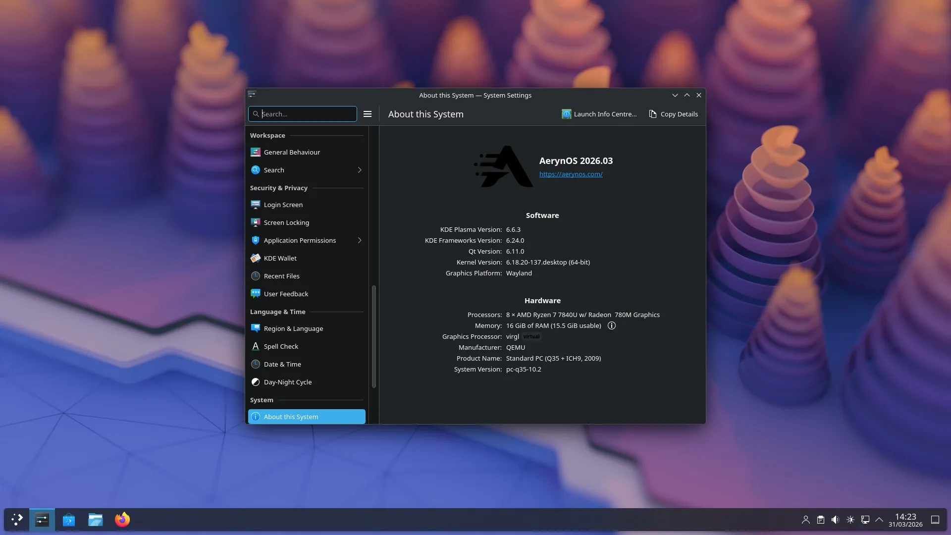 A screenshot of the KDE Plasma desktop environment on the latest AerynOS 2026.03 release