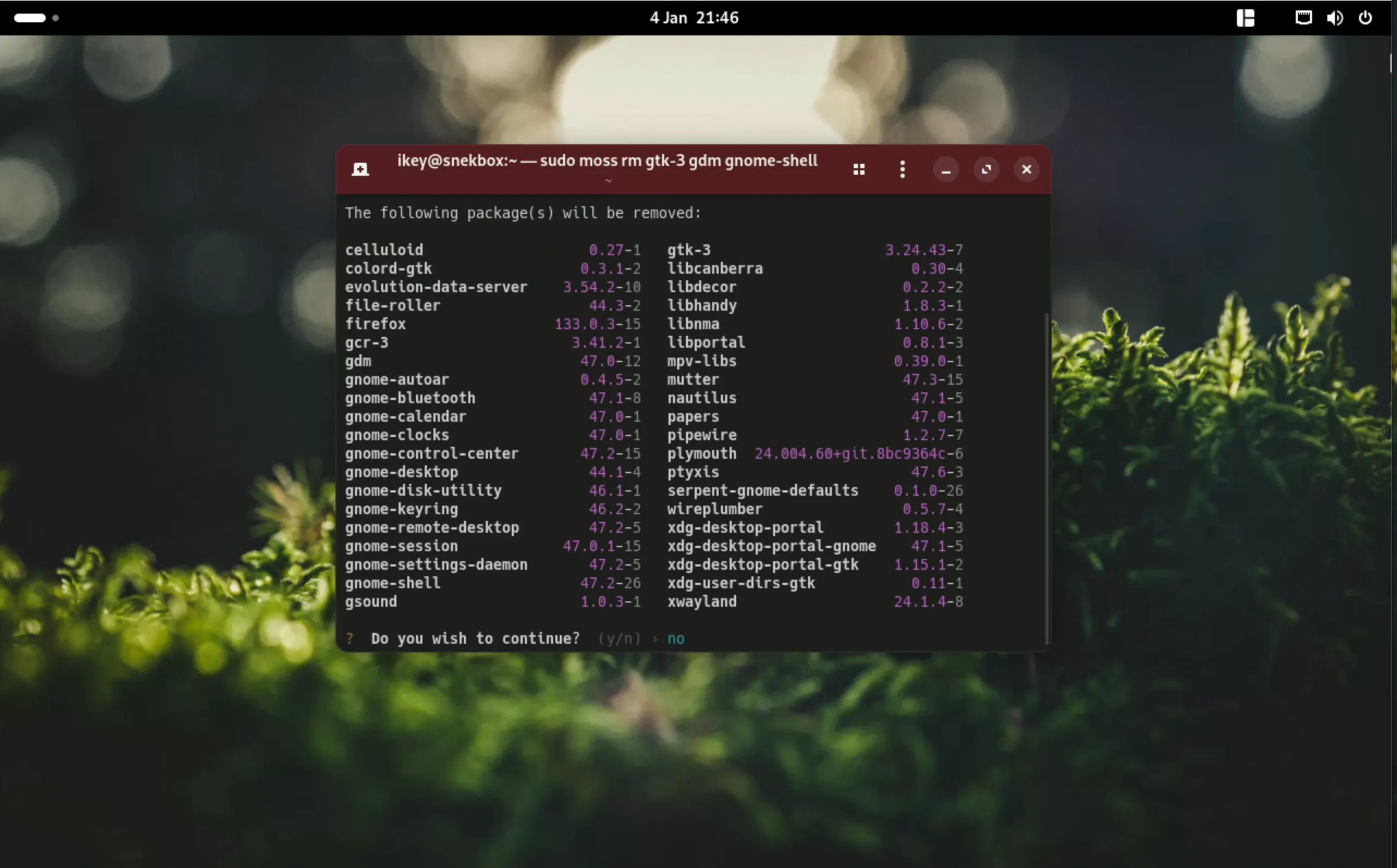 Screenshot removing important GNOME packages